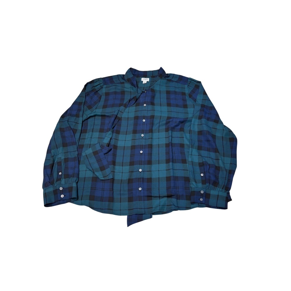 NWT J.Crew Womens 2X Blue Green Plaid Tie Neck‎ Button Down Blouse BU042 NEW